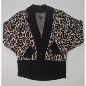 GUESS Leopard Print Knit Cardigan Sweater Black Trim Button Front‎
